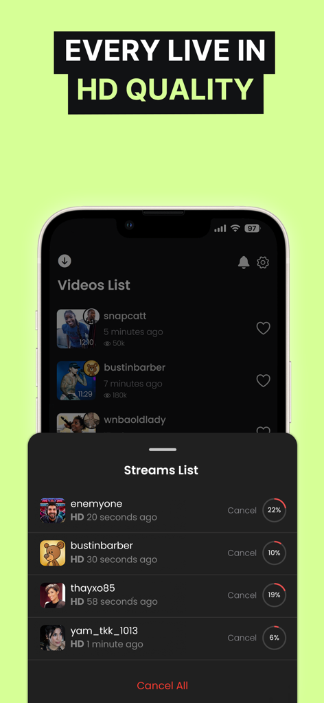 Live Video Tracker - GREC - A smartphone screen displaying the GREC app interface with a list of multiple active HD live streams being tracked.