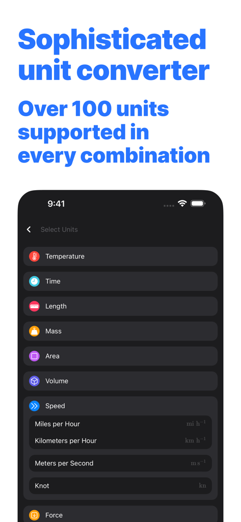 TechniCalc unit converter interface showing speed and mass categories in dark mode