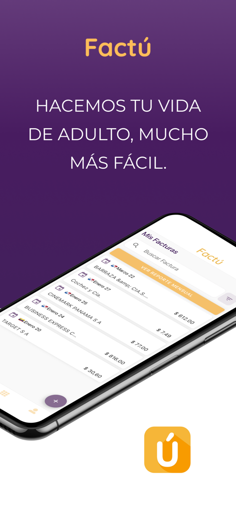 Factu - Smartphone-Bildschirm, der die Factu-App-Oberfläche mit einer Liste verwalteter Rechnungen zeigt.