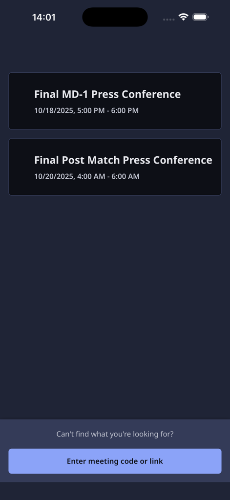 FIFA Interpreting - Screen showing a list of scheduled FIFA press conferences with an option to enter a meeting code for interpretation.