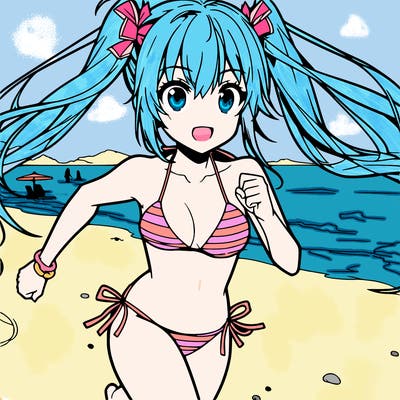 a anime girl in a bikini running on the beach