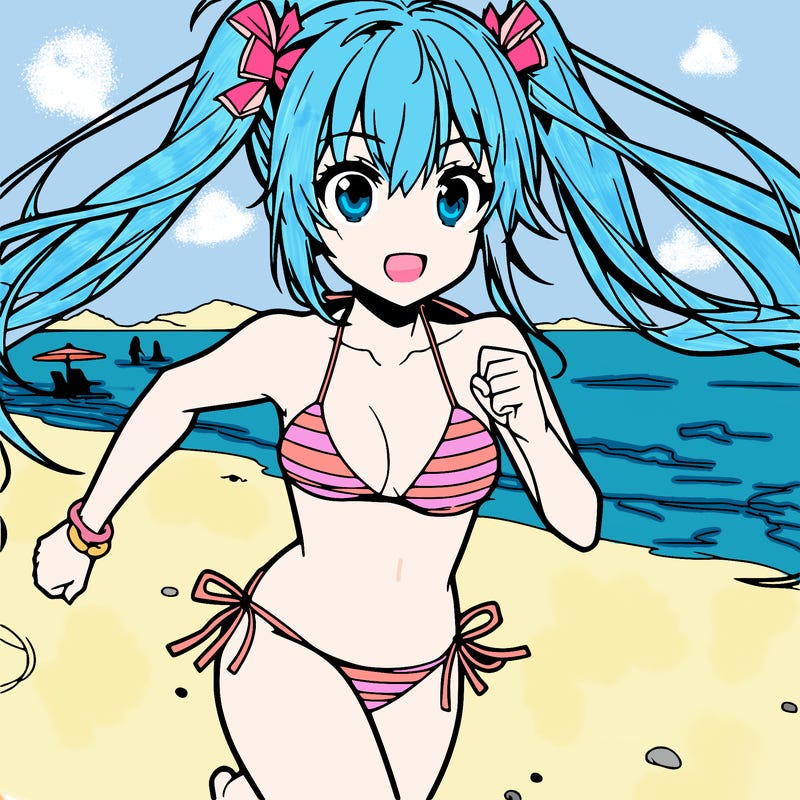 a anime girl in a bikini running on the beach