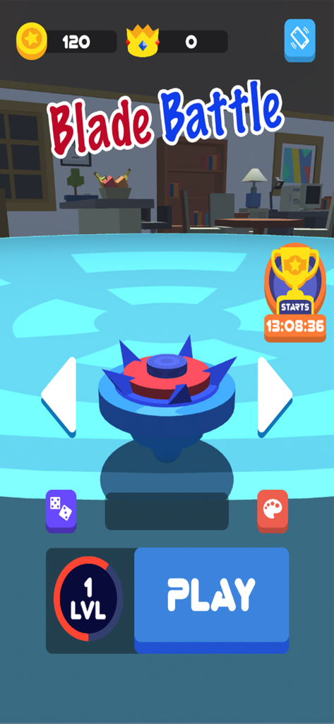 Blade Battle IO game home screen showing a blue spinning blade top ready for battle.