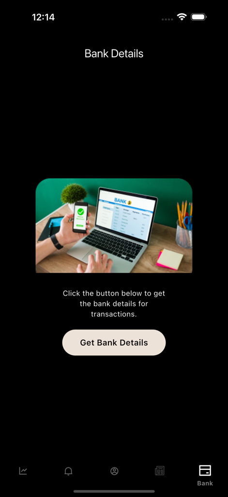 Switz Gold - Página de detalhes bancários do aplicativo móvel Switz Gold mostrando um botão para acessar informações de transação.