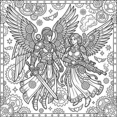 Dive into a world where celestial power meets industrial marvel with our Steampunk Warrior Angels coloring page. This intricate design invites you to bring these magnificent armored figures and their mechanical realm to life with your unique palette.