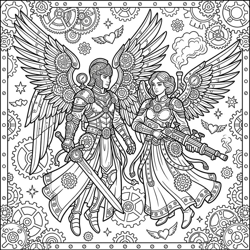Dive into a world where celestial power meets industrial marvel with our Steampunk Warrior Angels coloring page. This intricate design invites you to bring these magnificent armored figures and their mechanical realm to life with your unique palette.