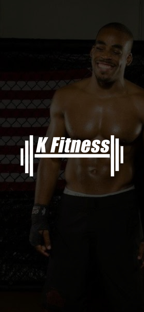 K Fitness - K Fitness app splash screen featuring a muscular smiling man and the brand logo with a barbell icon