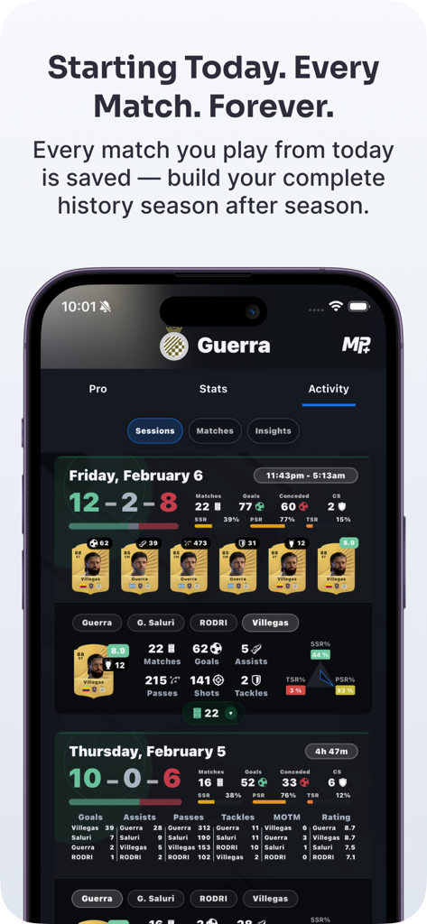 MyPlayer+ - Dashboard mit Spielverlauf und Spielerstatistiken für EA Sports FC Clubs in der MyPlayer plus App