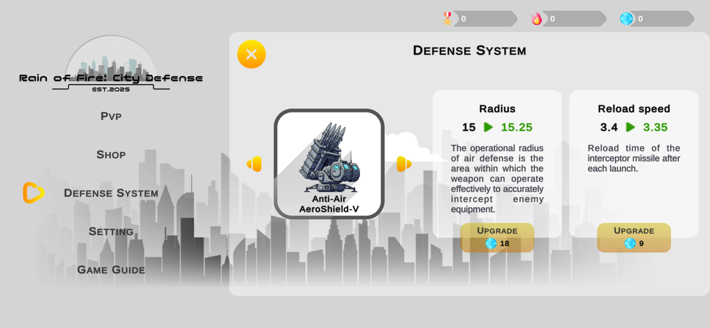Anti-Air AeroShield-V defense system upgrade screen in Rain of Fire