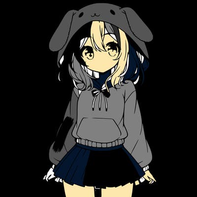 pretty anime girl wearing a fluffy hoodie with bunny ears on the hood and a skirt