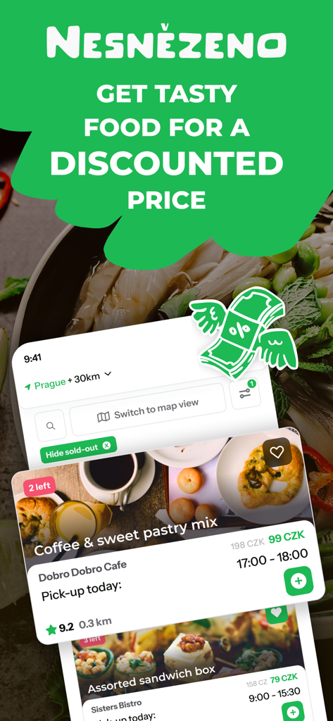 Nesnezeno mobile app interface showing discounted food packages from local cafes