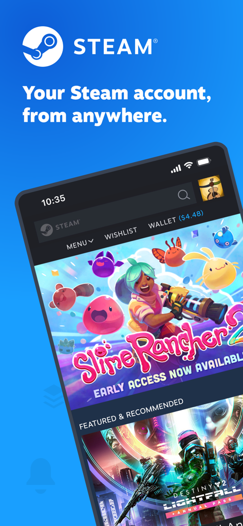 Steam Mobileアプリのホーム画面。Slime Rancher 2やDestiny 2などの注目のゲームが表示されています。