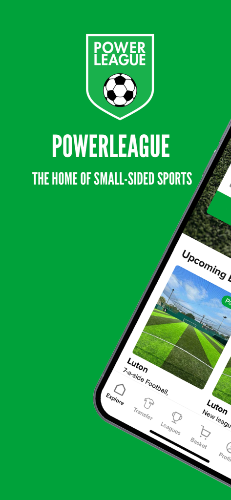 Powerleague - Home of 5-a-side - Powerleague app splash screen showing small-sided sports slogan and soccer pitch explorer