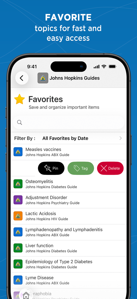 Johns Hopkins Antibiotic Guide - Johns Hopkins Guides app Favorites screen showing bookmarked medical topics