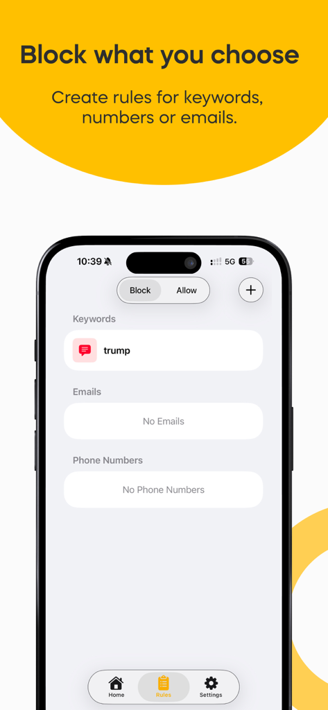 Interface showing how to create custom rules to block text messages by specific keywords or phone numbers