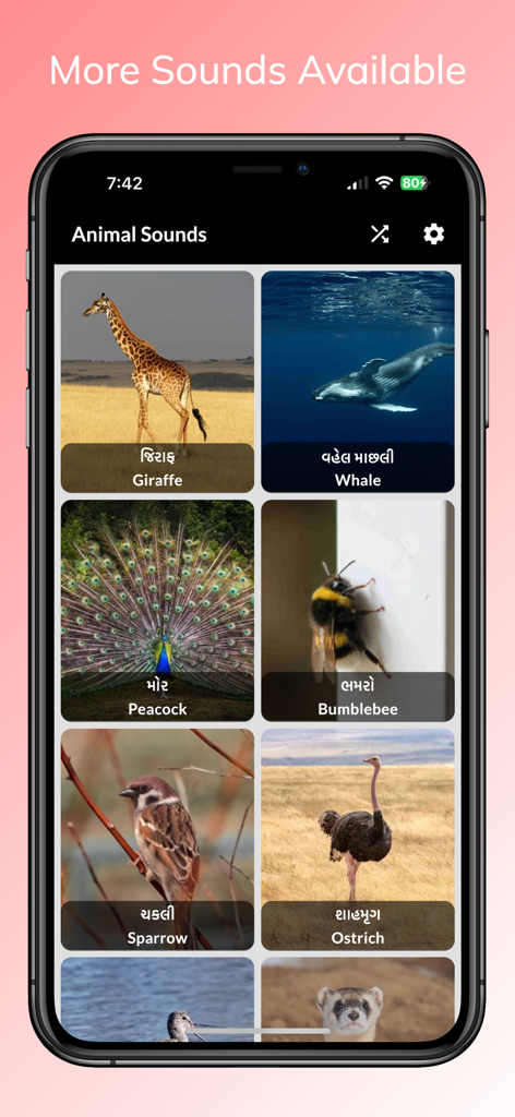 Animal Sounds - With Birds - Captura de pantalla de la aplicación Sonidos de Animales que muestra una cuadrícula de animales e insectos con nombres bilingües.