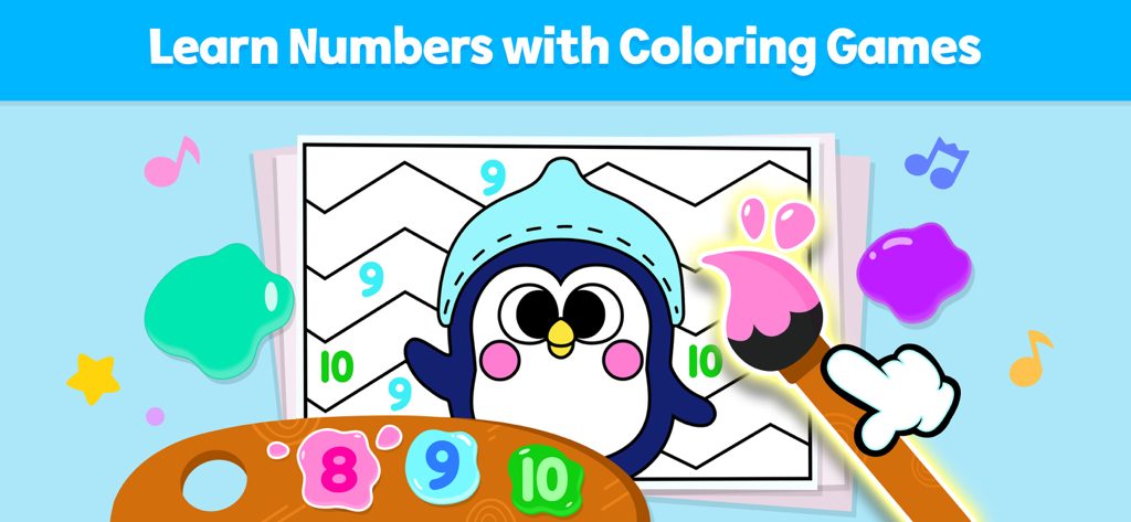 Un niño aprendiendo números a través de un juego de colorear pingüinos en la aplicación Pinkfong 123 Números
