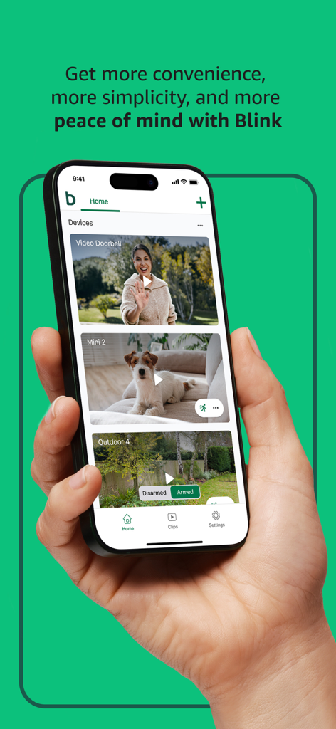 Interface de l'application Blink Home Monitor affichant les flux de la sonnette, de la caméra pour animaux et de la caméra extérieure