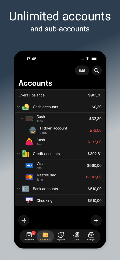 Alzex Finance Pro app showing a list of financial accounts including cash credit and bank balances
