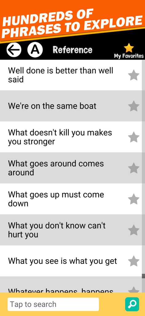 List of popular English proverbs and idioms in the reference section of the app