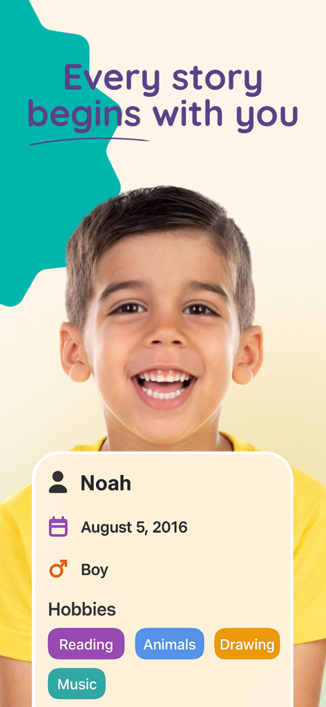 StoryWonderアプリの子供Noahのパーソナライズされたプロファイル。彼の趣味や興味を表示しています。