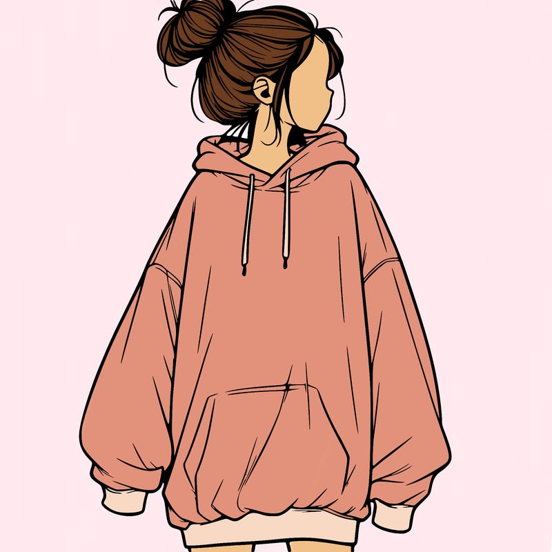realistic girl with a oversized sweatshirt on and a bun