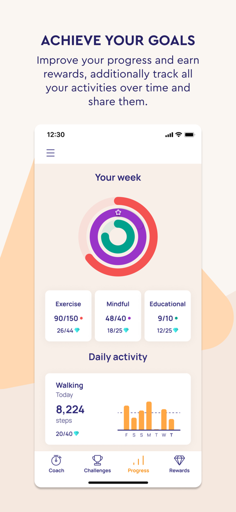 Vity - The Vity app progress dashboard showing activity rings for exercise and mindfulness alongside a daily step counter graph