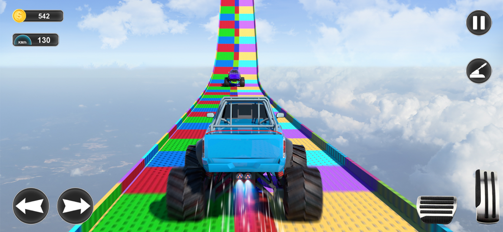 4x4 Monster Truck Games - Un camión monstruo azul subiendo una colorida mega rampa en el cielo