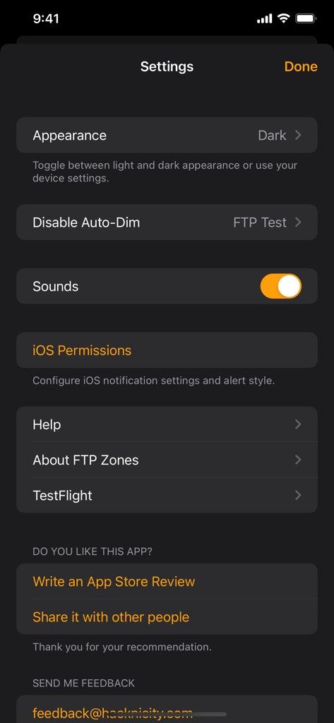 FTP Zones - El menú de configuración de la aplicación Zonas FTP, que muestra opciones de configuración para la apariencia, los sonidos y los permisos en modo oscuro.