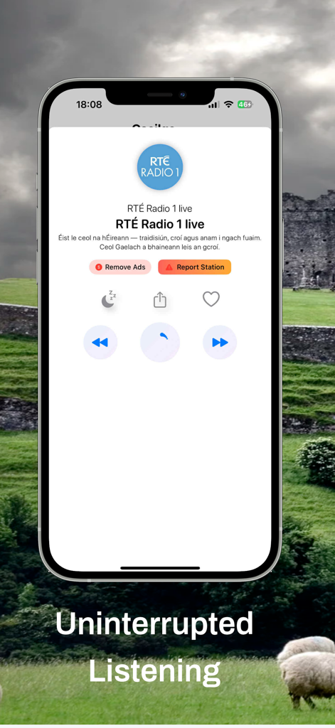 Irish Radio – Live Stations - Irish Radio app showing RTÉ Radio 1 live station interface with an Irish landscape background