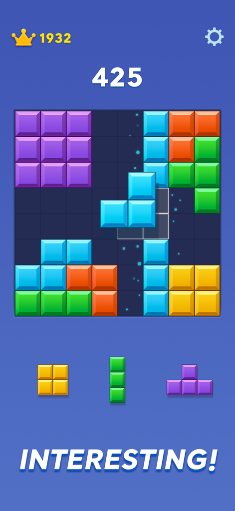 Écran du jeu mobile Block Blast montrant une grille 8x8 avec des pièces de puzzle colorées et le score actuel