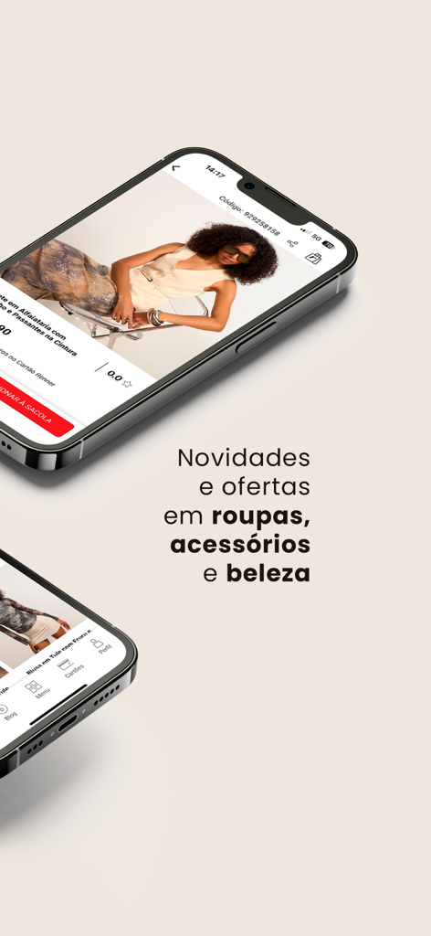 Lojas Renner - Comprar Roupas - Two smartphones showing the Lojas Renner app with fashion products and Portuguese promotional text.
