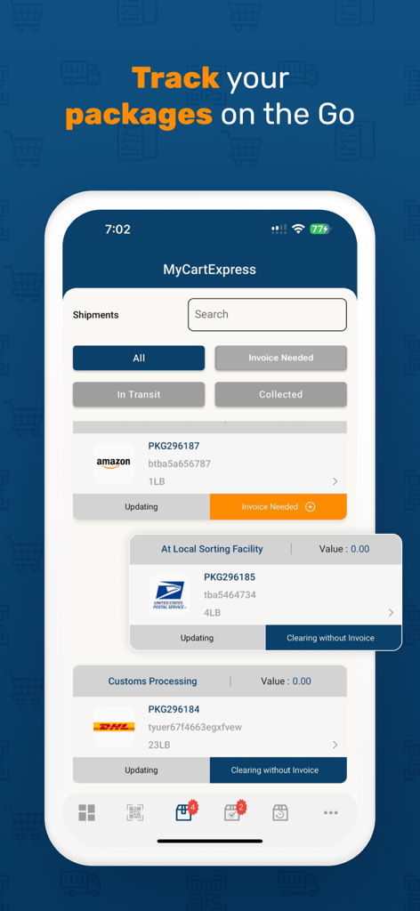 Mycart Express - Mycart Express mobile App-Oberfläche, die eine Liste von Paketen und Sendungsverfolgungsstatus für internationale Sendungen anzeigt