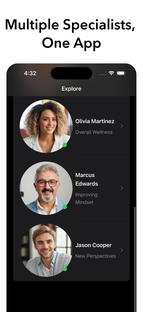 Una lista de perfiles de especialistas de IA en la aplicación Terapeuta IA 24/7 centrada en el bienestar y la mentalidad