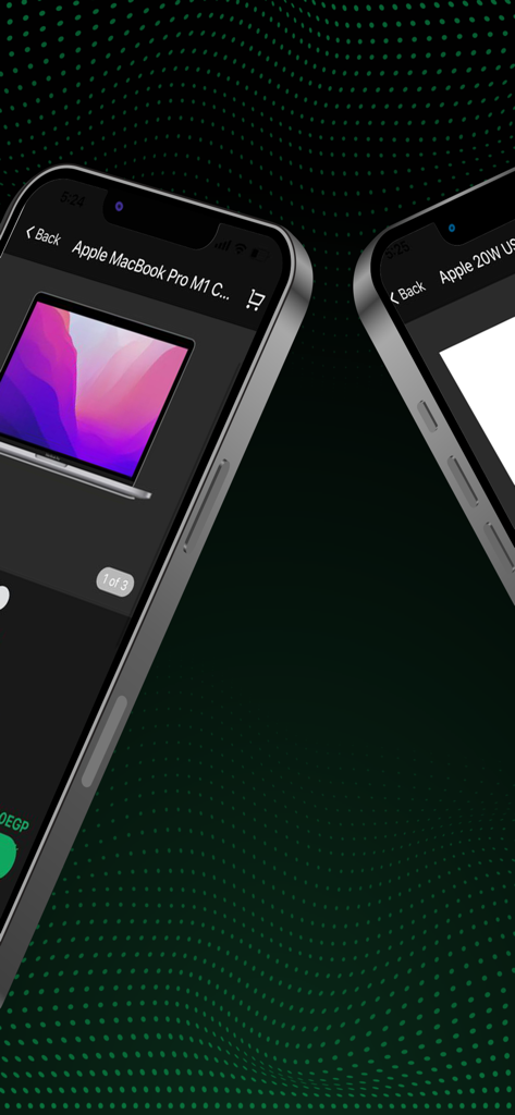 XPRS - Two smartphone screens displaying the XPRS app with Apple MacBook Pro and power adapter product pages