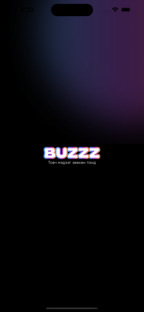 Buzzz News App Splashscreen mit farbigem Logo und mongolischem Slogan