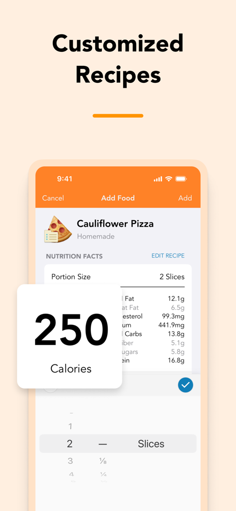 Screenshot of the Lose It calorie counter app showing nutrition facts and calorie counts for a customized cauliflower pizza recipe