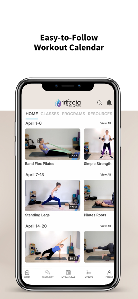 Trifecta Pilates - The Trifecta Pilates app interface showing an easy to follow monthly workout calendar with various mat pilates classes