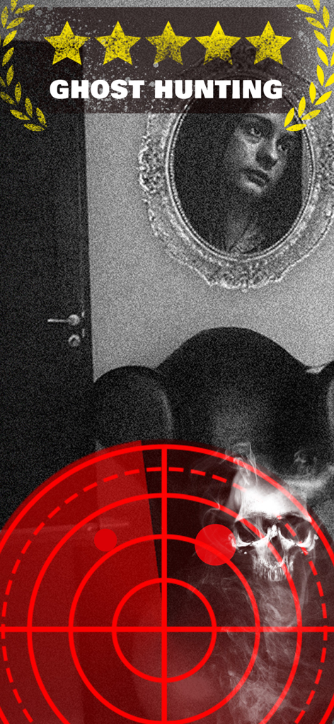 Ghost Detector & Spirit Box - Interfaz de la aplicación de caza de fantasmas con una superposición de radar roja y un reflejo espeluznante en un espejo antiguo con una calificación de cinco estrellas