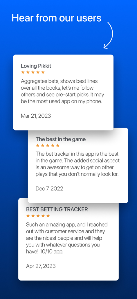 Screenshot of three positive five star user reviews for the Pikkit Sports Betting Tracker app highlighting its tracking features and social community