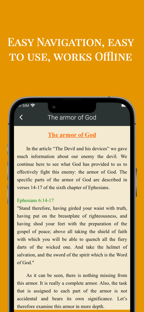 NIV Bible Offline in English - NIV Bible app showing a study on the armor of God with offline reading features