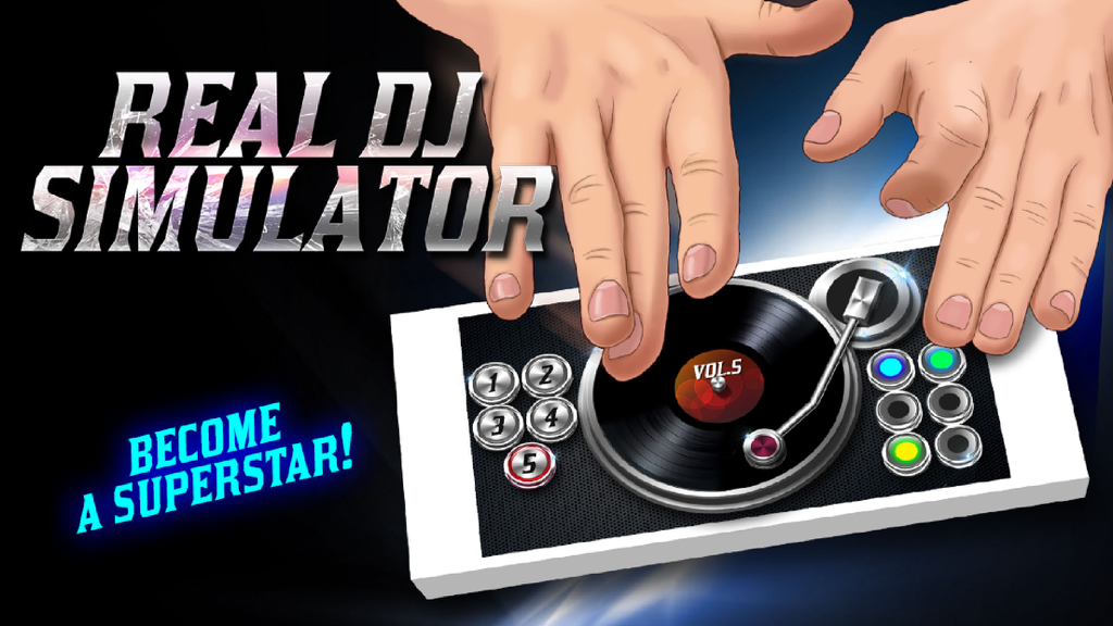 Real DJ Simulator - Illustration of hands playing a virtual DJ turntable on a smartphone with the slogan Become a Superstar