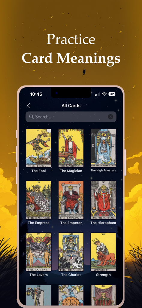 Witch - AI Tarot Card Reading - Una pantalla en la aplicación Witch que muestra una colección de cartas de tarot como El Loco y El Mago para aprender sus significados.