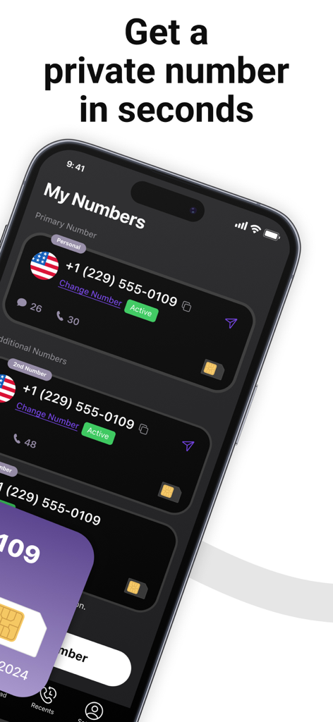 Interfaz de la aplicación TalkSafe en un iPhone que muestra la pantalla Mis números con múltiples números de teléfono privados de EE. UU. para mensajes de texto y llamadas seguras