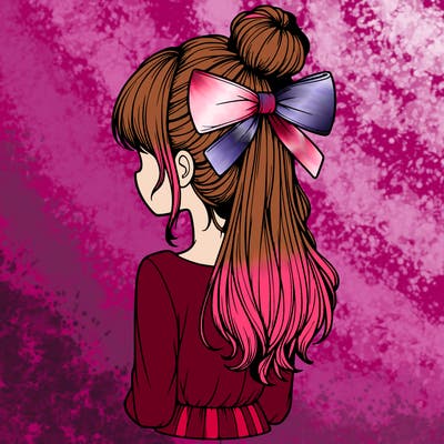 realistic girl  with hip length hair a bun and a big bow on the back of head