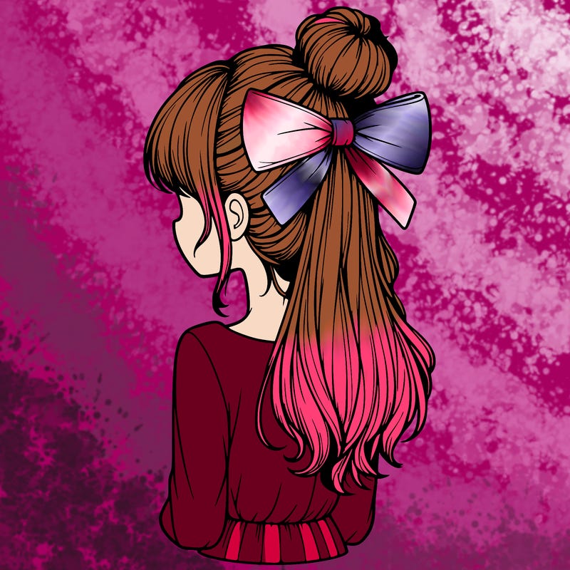 realistic girl  with hip length hair a bun and a big bow on the back of head