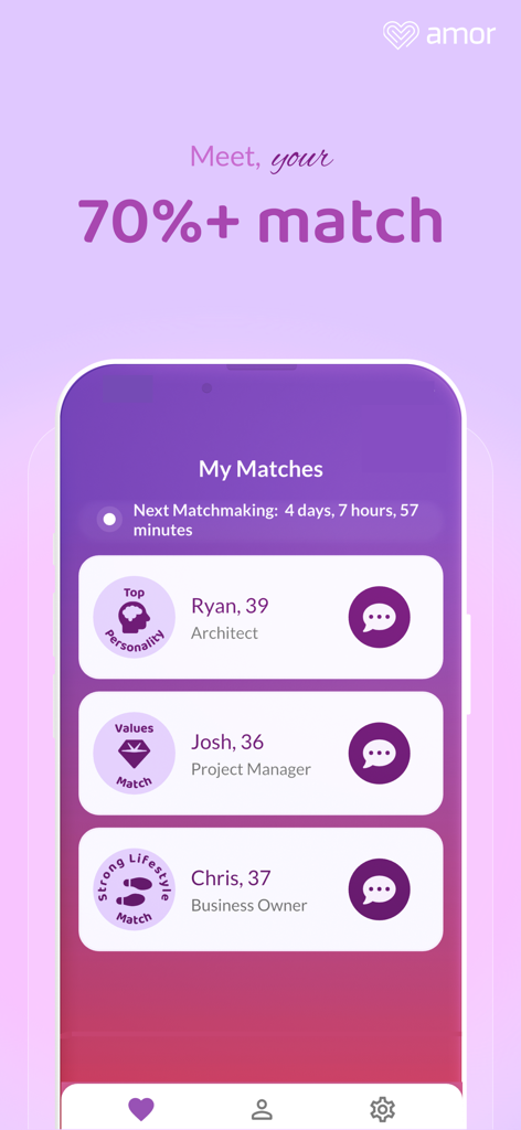 Amor Dating & Matchmaking - Interface of Amor dating app displaying weekly curated matches with compatibility badges for personality and values