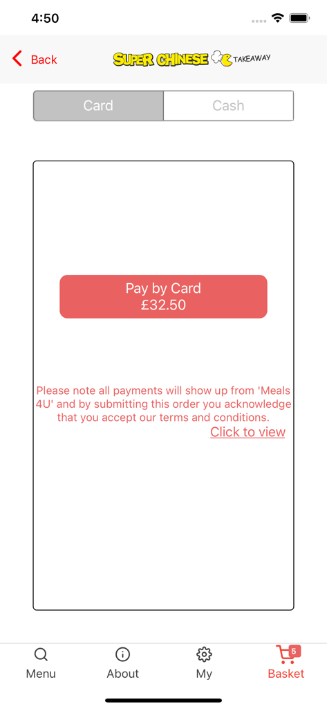 Super Chinese Takeaway - Super Chinese Takeaway app payment screen with card and cash options and a pay by card button