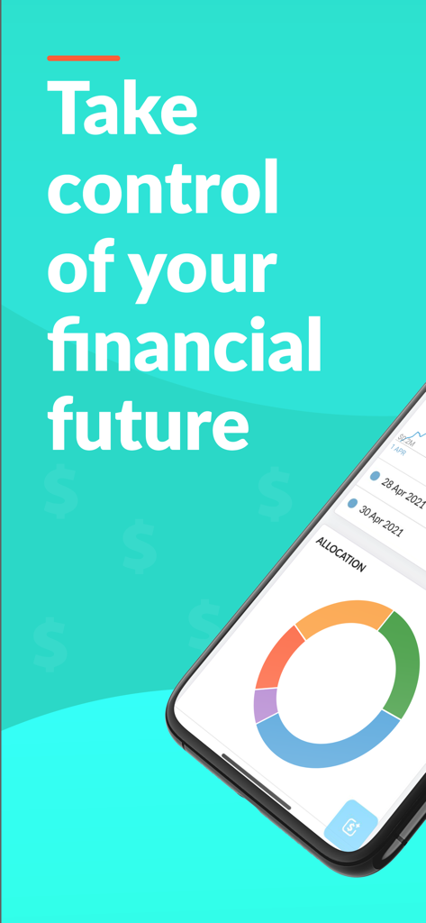 Buxfer mobile app interface showing a budget allocation donut chart and the text Take control of your financial future