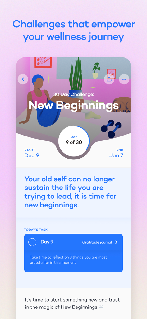 Alive by Whitney Simmons app screenshot showing a 30 day wellness challenge titled New Beginnings with a gratitude journal task